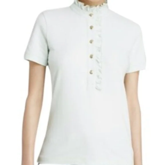 Tory Burch Lidia Ruffle Polo Tee GRAY Size Small - Picture 8 of 11